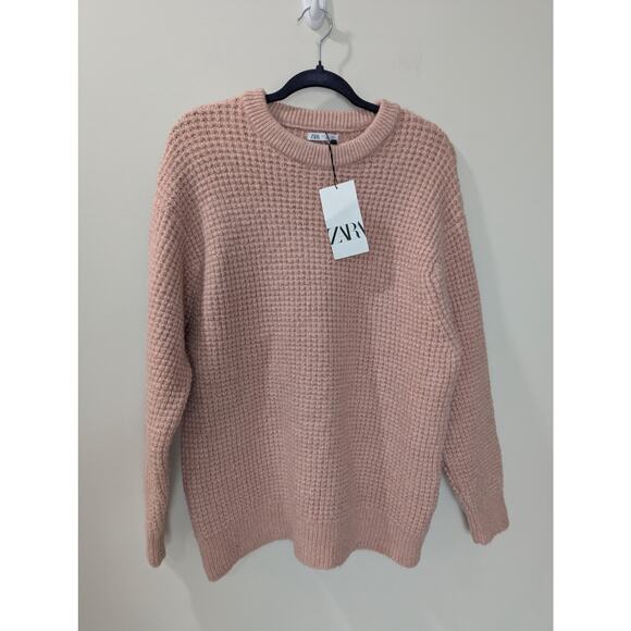 ZARA Pink Chunky Waffle Knit Crewneck Sweater NWT - Picture 1 of 5